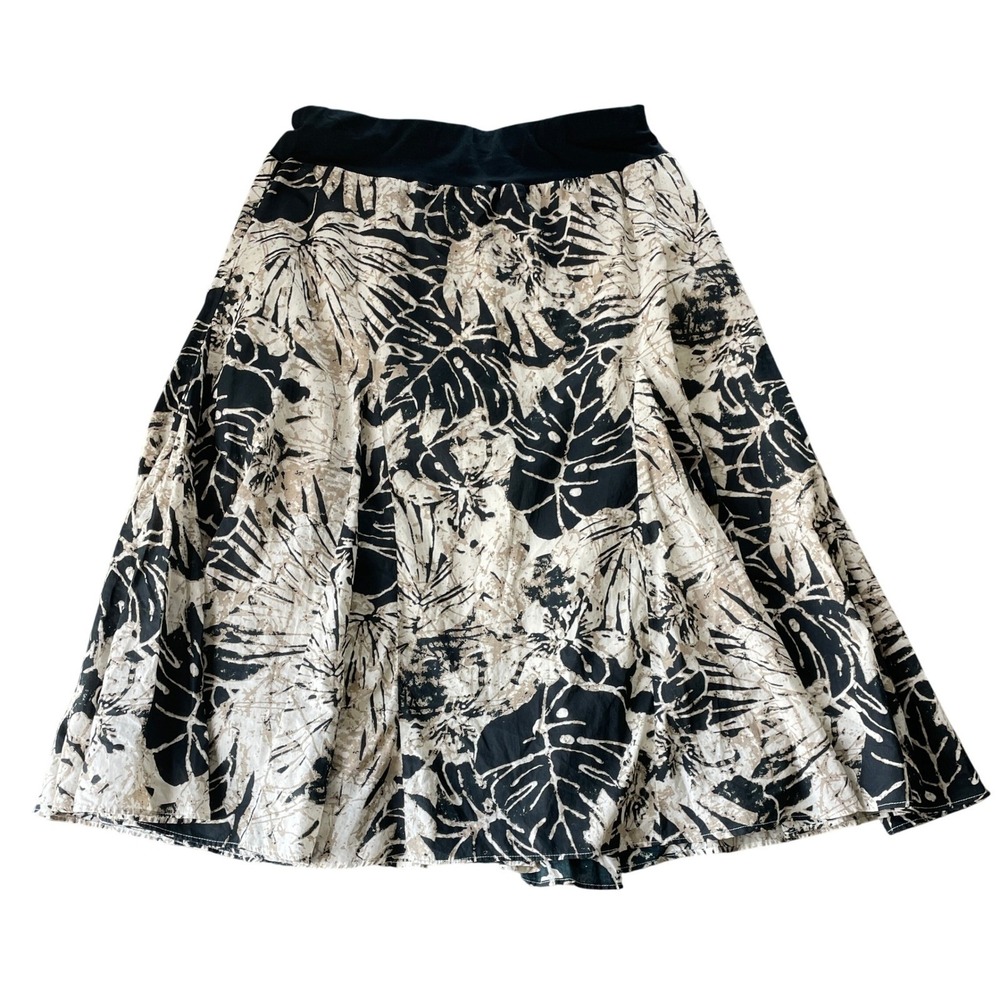 Style and Co Tropical Leaf Print A Line Midi Skirt Womens M Black White Boho
